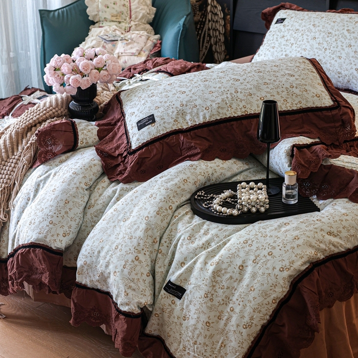 91家纺网 家纺一手货源 找家纺 紫碧螺家纺 2025新款A类全棉纯棉仙女双层纱大韩边四件套 夏日铃兰