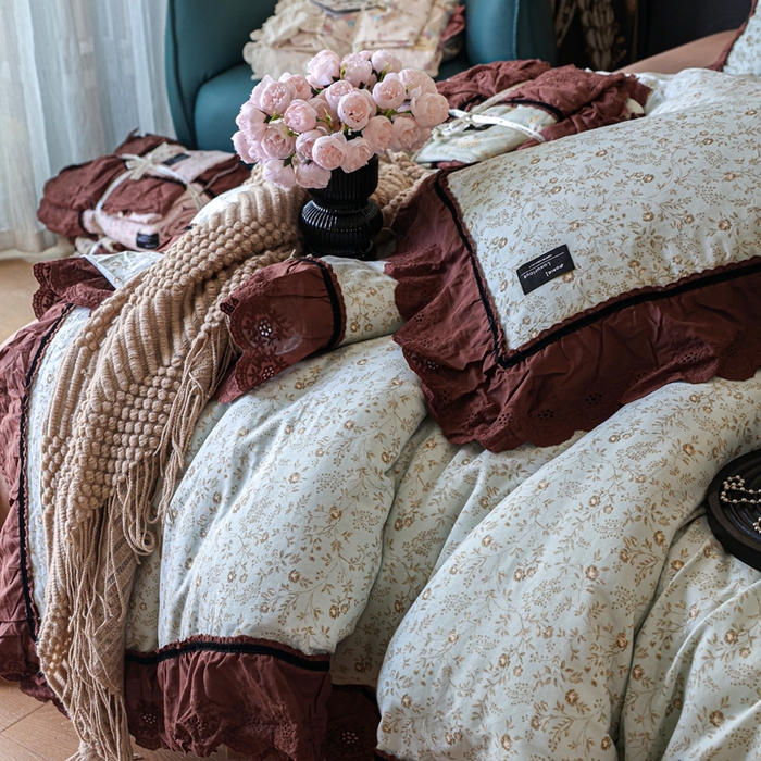 91家纺网 家纺一手货源 找家纺 紫碧螺家纺 2025新款A类全棉纯棉仙女双层纱大韩边四件套 夏日铃兰