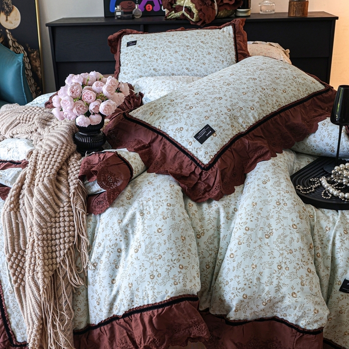 91家纺网 家纺一手货源 找家纺 紫碧螺家纺 2025新款A类全棉纯棉仙女双层纱大韩边四件套 夏日铃兰