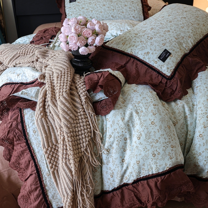 91家纺网 家纺一手货源 找家纺 紫碧螺家纺 2025新款A类全棉纯棉仙女双层纱大韩边四件套 夏日铃兰