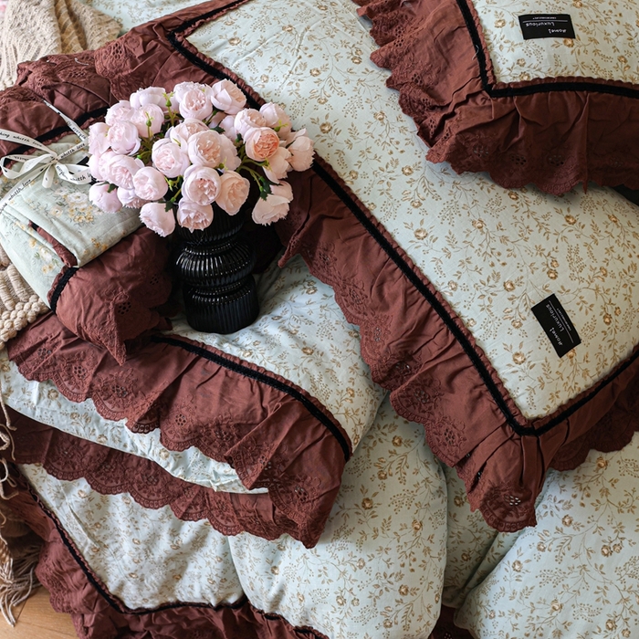 91家纺网 家纺一手货源 找家纺 紫碧螺家纺 2025新款A类全棉纯棉仙女双层纱大韩边四件套 夏日铃兰