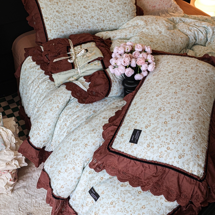 91家纺网 家纺一手货源 找家纺 紫碧螺家纺 2025新款A类全棉纯棉仙女双层纱大韩边四件套 夏日铃兰