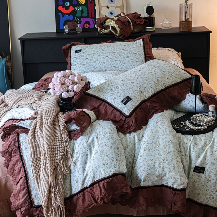 91家纺网 家纺一手货源 找家纺 紫碧螺家纺 2025新款A类全棉纯棉仙女双层纱大韩边四件套 夏日铃兰