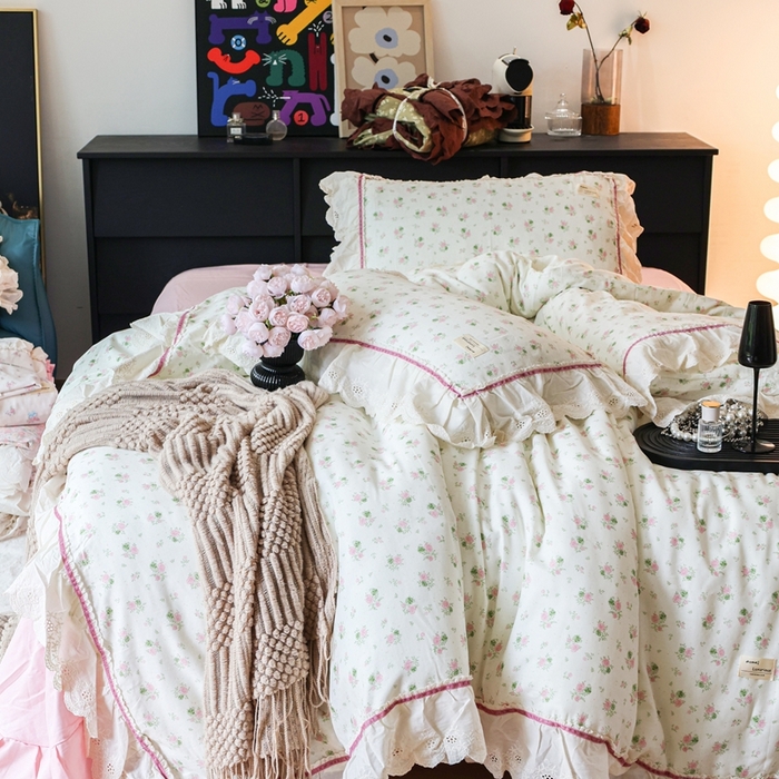 91家纺网 家纺一手货源 找家纺 紫碧螺家纺 2025新款A类全棉纯棉仙女双层纱大韩边四件套 夏日限定