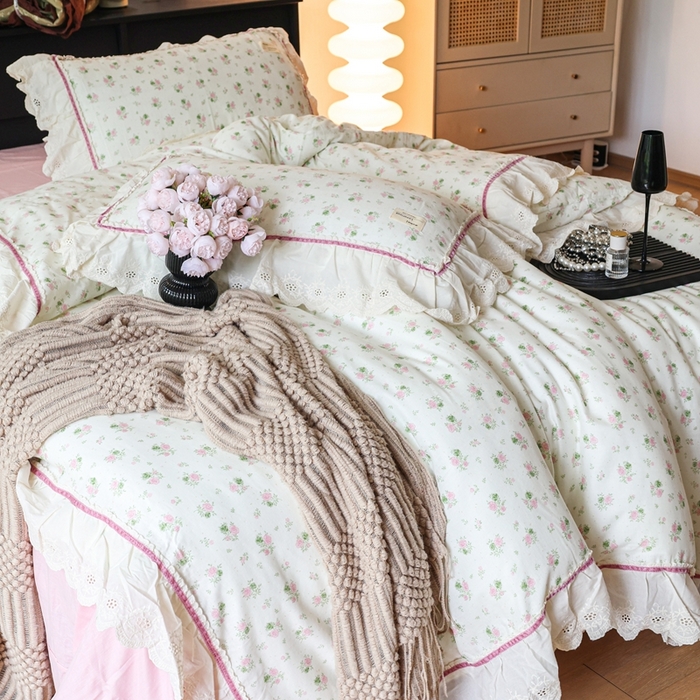 91家纺网 家纺一手货源 找家纺 紫碧螺家纺 2025新款A类全棉纯棉仙女双层纱大韩边四件套 夏日限定