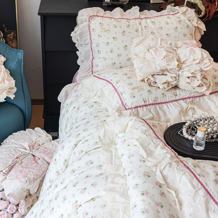 91家纺网 家纺一手货源 找家纺 紫碧螺家纺 2025新款A类全棉纯棉仙女双层纱大韩边四件套 夏日限定