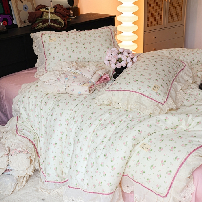 91家纺网 家纺一手货源 找家纺 紫碧螺家纺 2025新款A类全棉纯棉仙女双层纱大韩边四件套 夏日限定