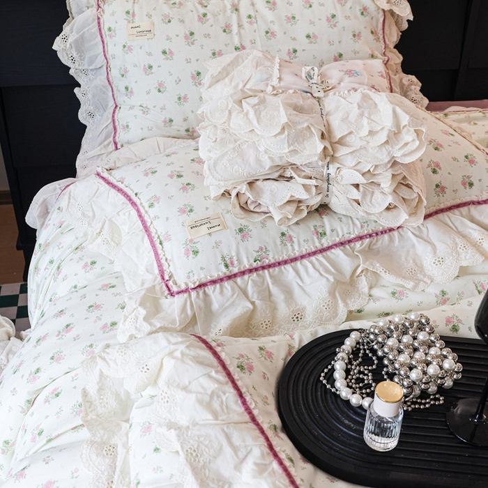 91家纺网 家纺一手货源 找家纺 紫碧螺家纺 2025新款A类全棉纯棉仙女双层纱大韩边四件套 夏日限定