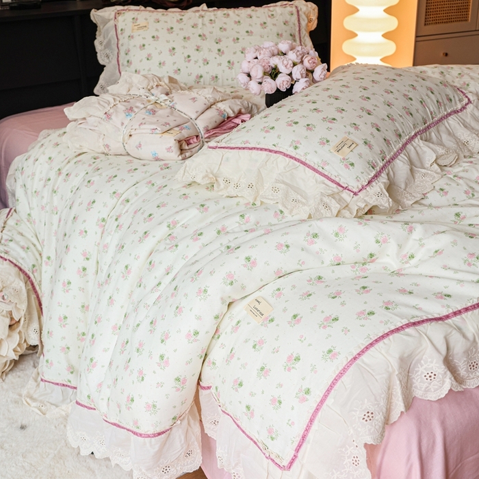 91家纺网 家纺一手货源 找家纺 紫碧螺家纺 2025新款A类全棉纯棉仙女双层纱大韩边四件套 夏日限定