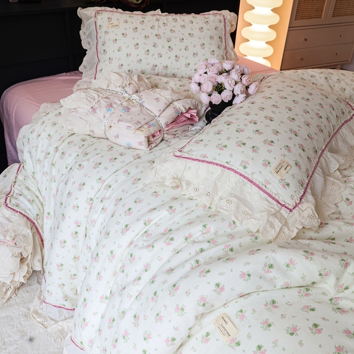 91家纺网 家纺一手货源 找家纺 紫碧螺家纺 2025新款A类全棉纯棉仙女双层纱大韩边四件套 夏日限定