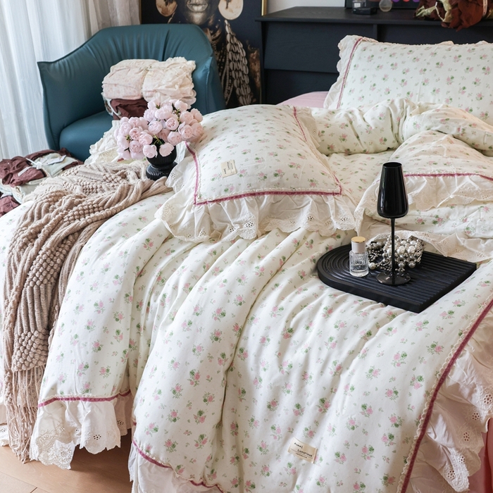 91家纺网 家纺一手货源 找家纺 紫碧螺家纺 2025新款A类全棉纯棉仙女双层纱大韩边四件套 夏日限定