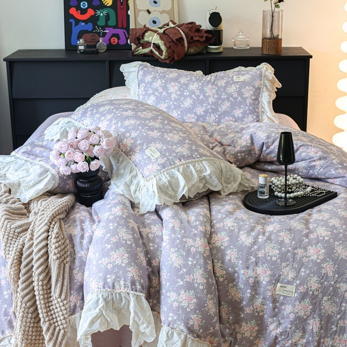 91家纺网 家纺一手货源 找家纺 紫碧螺家纺 2025新款A类全棉纯棉仙女双层纱大韩边四件套 仙境少女