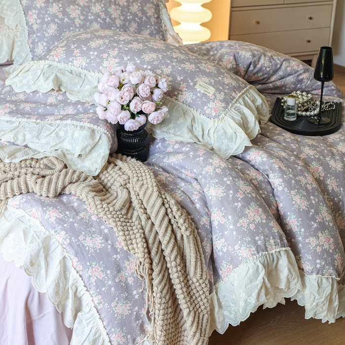 91家纺网 家纺一手货源 找家纺 紫碧螺家纺 2025新款A类全棉纯棉仙女双层纱大韩边四件套 仙境少女