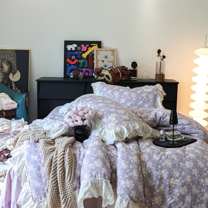 91家纺网 家纺一手货源 找家纺 紫碧螺家纺 2025新款A类全棉纯棉仙女双层纱大韩边四件套 仙境少女