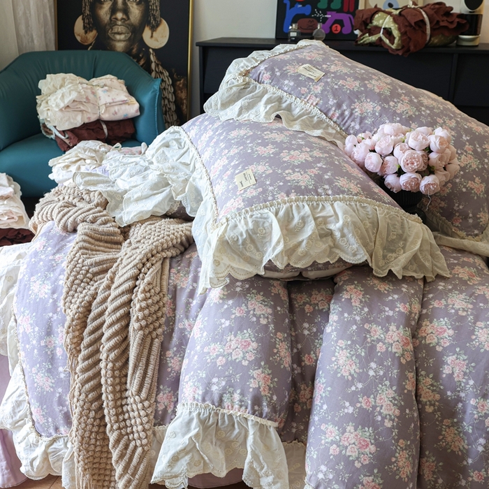 91家纺网 家纺一手货源 找家纺 紫碧螺家纺 2025新款A类全棉纯棉仙女双层纱大韩边四件套 仙境少女