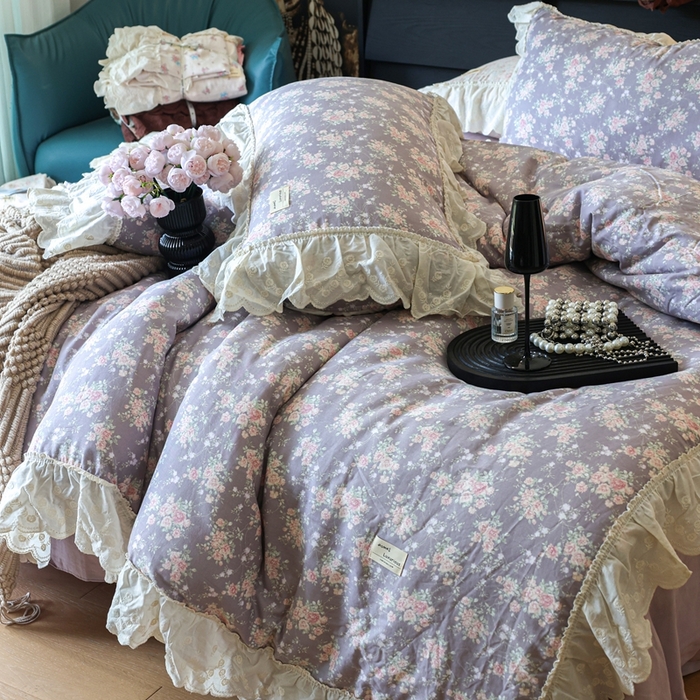 91家纺网 家纺一手货源 找家纺 紫碧螺家纺 2025新款A类全棉纯棉仙女双层纱大韩边四件套 仙境少女