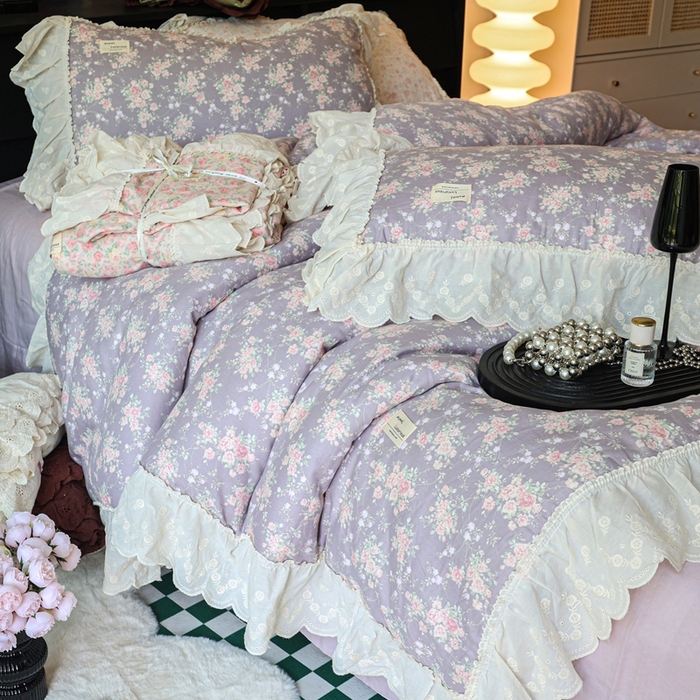 91家纺网 家纺一手货源 找家纺 紫碧螺家纺 2025新款A类全棉纯棉仙女双层纱大韩边四件套 仙境少女