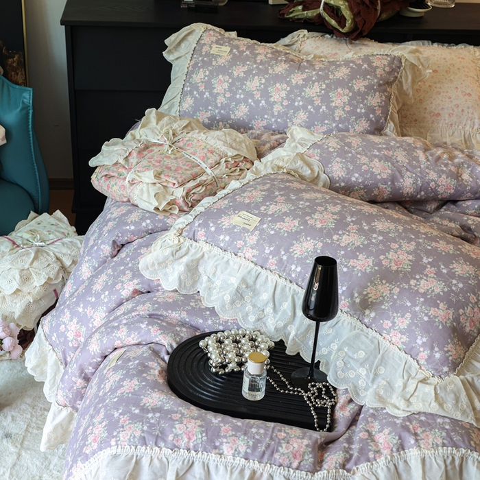 91家纺网 家纺一手货源 找家纺 紫碧螺家纺 2025新款A类全棉纯棉仙女双层纱大韩边四件套 仙境少女