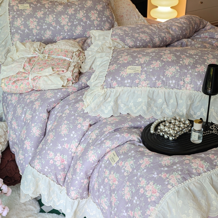 91家纺网 家纺一手货源 找家纺 紫碧螺家纺 2025新款A类全棉纯棉仙女双层纱大韩边四件套 仙境少女