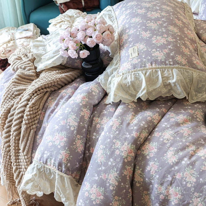 91家纺网 家纺一手货源 找家纺 紫碧螺家纺 2025新款A类全棉纯棉仙女双层纱大韩边四件套 仙境少女