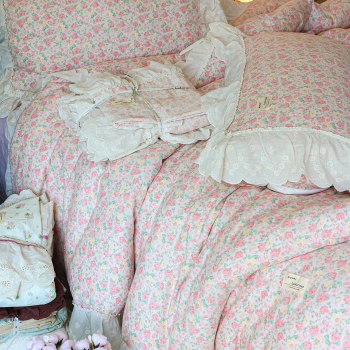 91家纺网 家纺一手货源 找家纺 紫碧螺家纺 2025新款A类全棉纯棉仙女双层纱大韩边四件套 油画少女