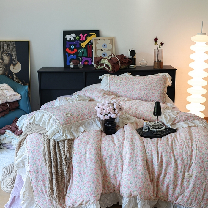 91家纺网 家纺一手货源 找家纺 紫碧螺家纺 2025新款A类全棉纯棉仙女双层纱大韩边四件套 油画少女