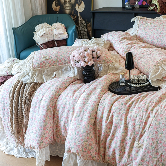 91家纺网 家纺一手货源 找家纺 紫碧螺家纺 2025新款A类全棉纯棉仙女双层纱大韩边四件套 油画少女