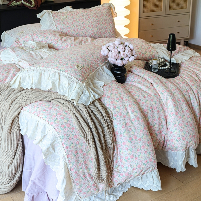 91家纺网 家纺一手货源 找家纺 紫碧螺家纺 2025新款A类全棉纯棉仙女双层纱大韩边四件套 油画少女