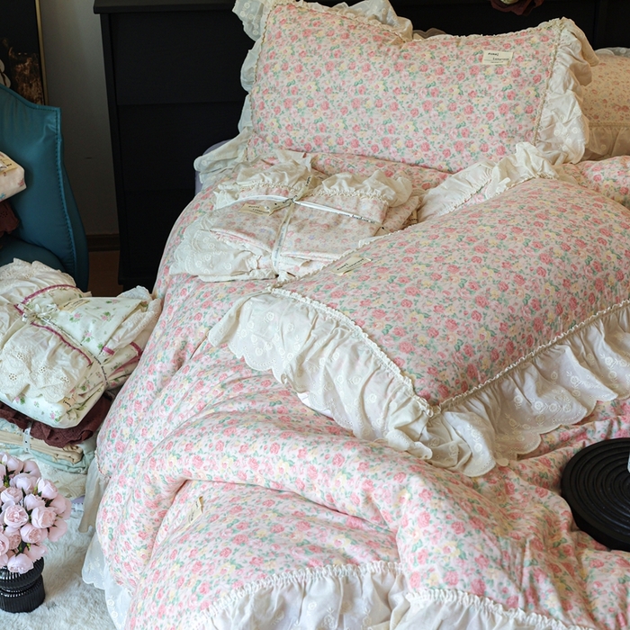 91家纺网 家纺一手货源 找家纺 紫碧螺家纺 2025新款A类全棉纯棉仙女双层纱大韩边四件套 油画少女