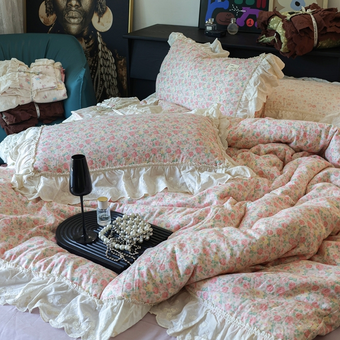 91家纺网 家纺一手货源 找家纺 紫碧螺家纺 2025新款A类全棉纯棉仙女双层纱大韩边四件套 油画少女