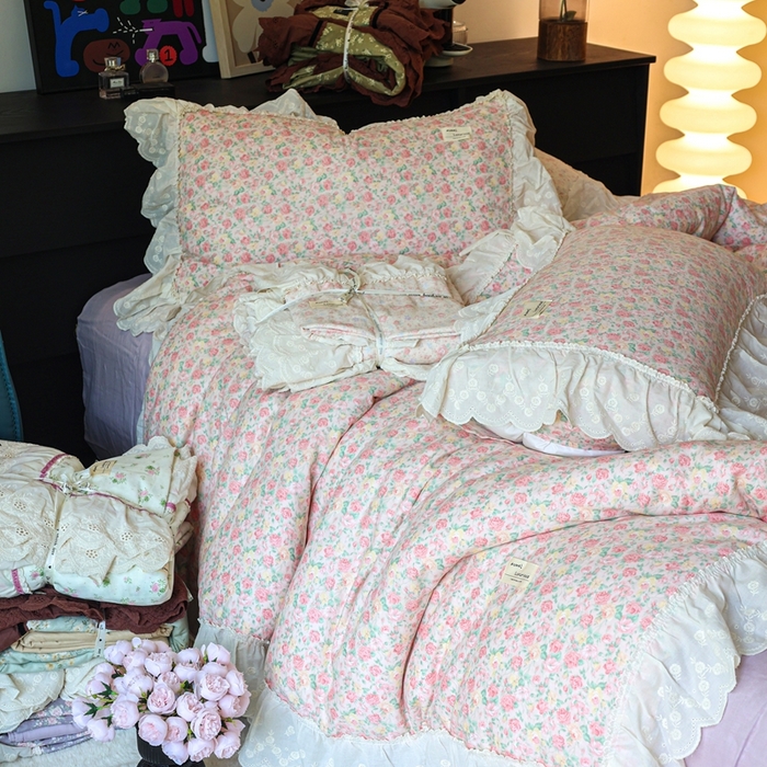 91家纺网 家纺一手货源 找家纺 紫碧螺家纺 2025新款A类全棉纯棉仙女双层纱大韩边四件套 油画少女