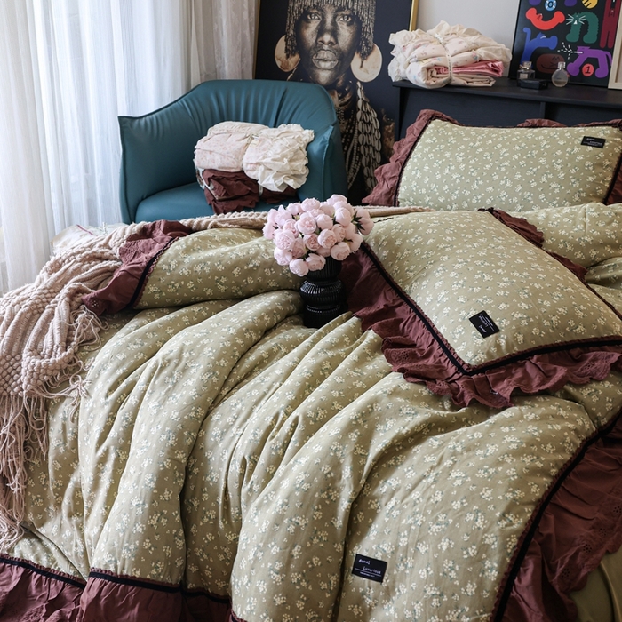 91家纺网 家纺一手货源 找家纺 紫碧螺家纺 2025新款A类全棉纯棉仙女双层纱大韩边四件套 栀子花信