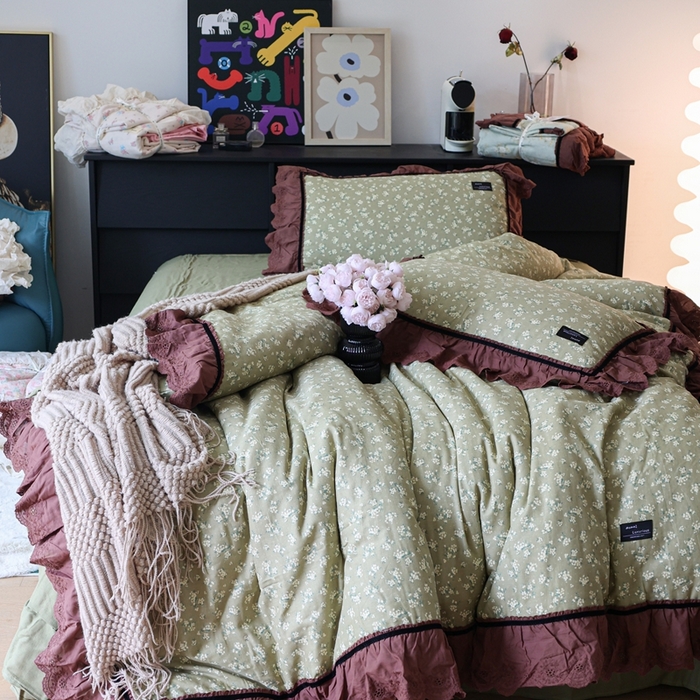 91家纺网 家纺一手货源 找家纺 紫碧螺家纺 2025新款A类全棉纯棉仙女双层纱大韩边四件套 栀子花信