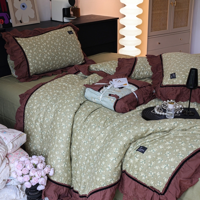 91家纺网 家纺一手货源 找家纺 紫碧螺家纺 2025新款A类全棉纯棉仙女双层纱大韩边四件套 栀子花信