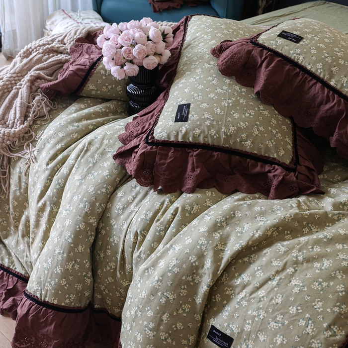 91家纺网 家纺一手货源 找家纺 紫碧螺家纺 2025新款A类全棉纯棉仙女双层纱大韩边四件套 栀子花信