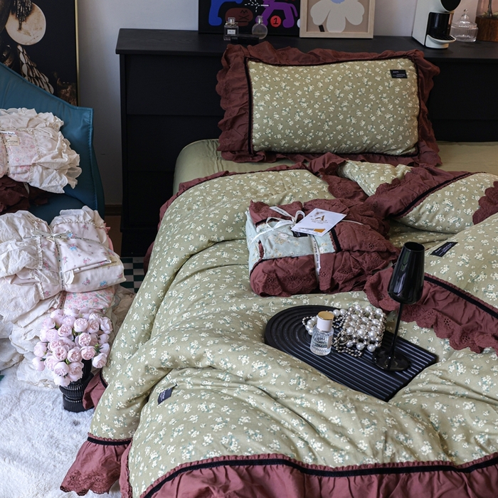 91家纺网 家纺一手货源 找家纺 紫碧螺家纺 2025新款A类全棉纯棉仙女双层纱大韩边四件套 栀子花信