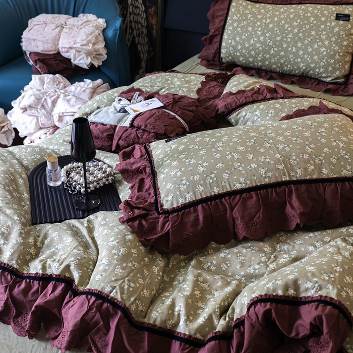 91家纺网 家纺一手货源 找家纺 紫碧螺家纺 2025新款A类全棉纯棉仙女双层纱大韩边四件套 栀子花信