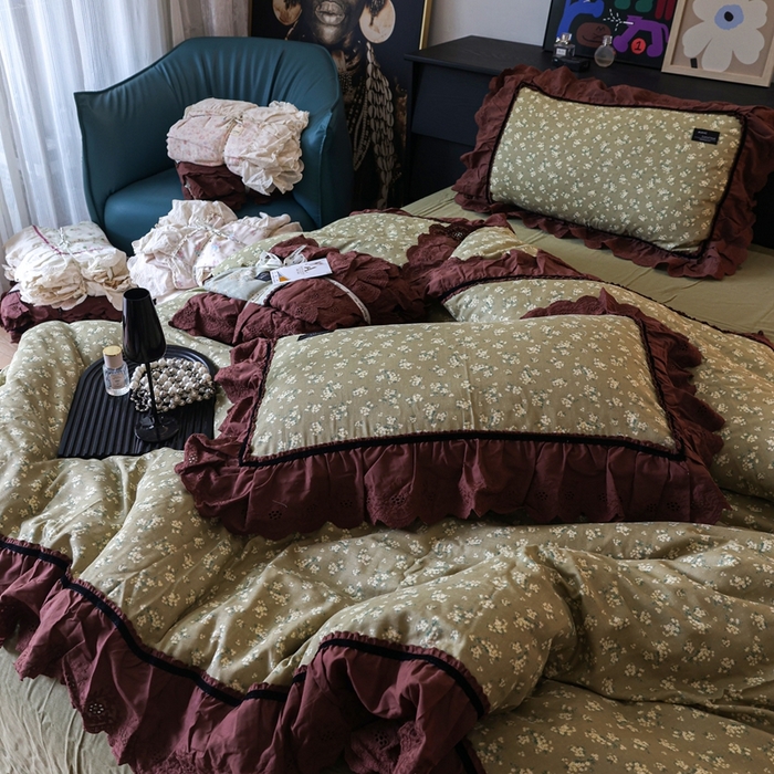 91家纺网 家纺一手货源 找家纺 紫碧螺家纺 2025新款A类全棉纯棉仙女双层纱大韩边四件套 栀子花信