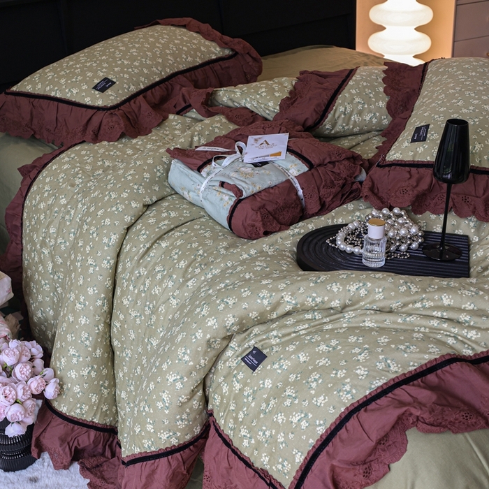 91家纺网 家纺一手货源 找家纺 紫碧螺家纺 2025新款A类全棉纯棉仙女双层纱大韩边四件套 栀子花信