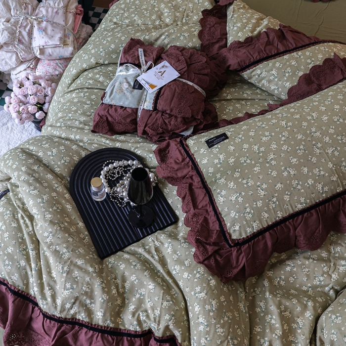 91家纺网 家纺一手货源 找家纺 紫碧螺家纺 2025新款A类全棉纯棉仙女双层纱大韩边四件套 栀子花信