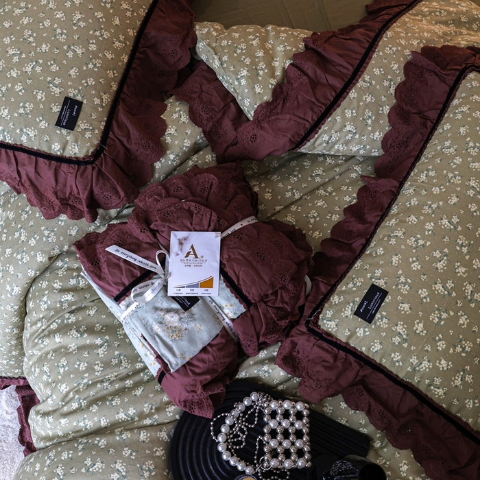 91家纺网 家纺一手货源 找家纺 紫碧螺家纺 2025新款A类全棉纯棉仙女双层纱大韩边四件套 栀子花信