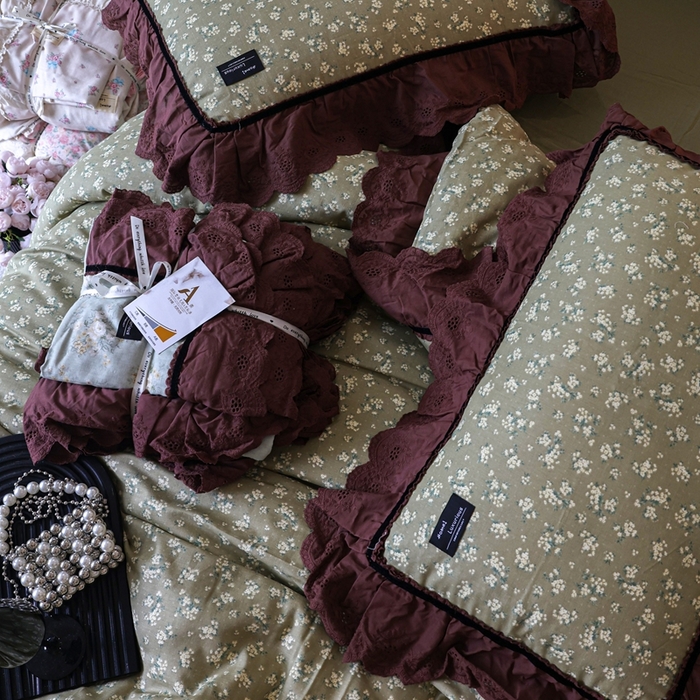 91家纺网 家纺一手货源 找家纺 紫碧螺家纺 2025新款A类全棉纯棉仙女双层纱大韩边四件套 栀子花信