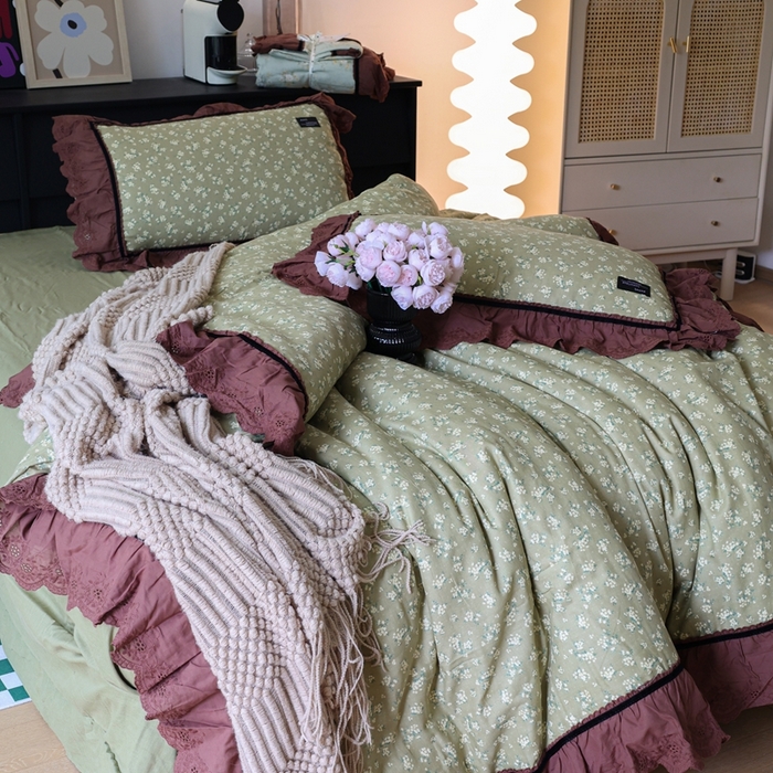 91家纺网 家纺一手货源 找家纺 紫碧螺家纺 2025新款A类全棉纯棉仙女双层纱大韩边四件套 栀子花信