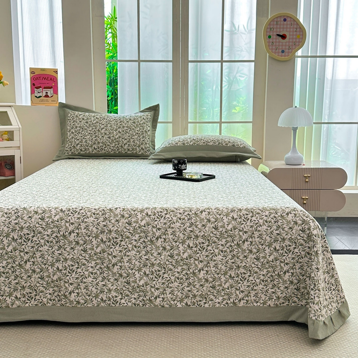 91家纺网 家纺一手货源 找家纺 紫碧螺家纺 2025新款雪尼尔欧式拼色床盖三件套 小枫叶拼豆绿