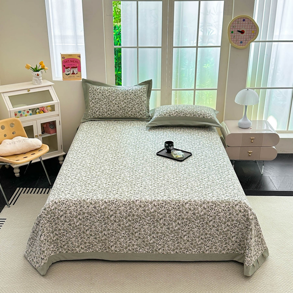 91家纺网 家纺一手货源 找家纺 紫碧螺家纺 2025新款雪尼尔欧式拼色床盖三件套 小枫叶拼豆绿