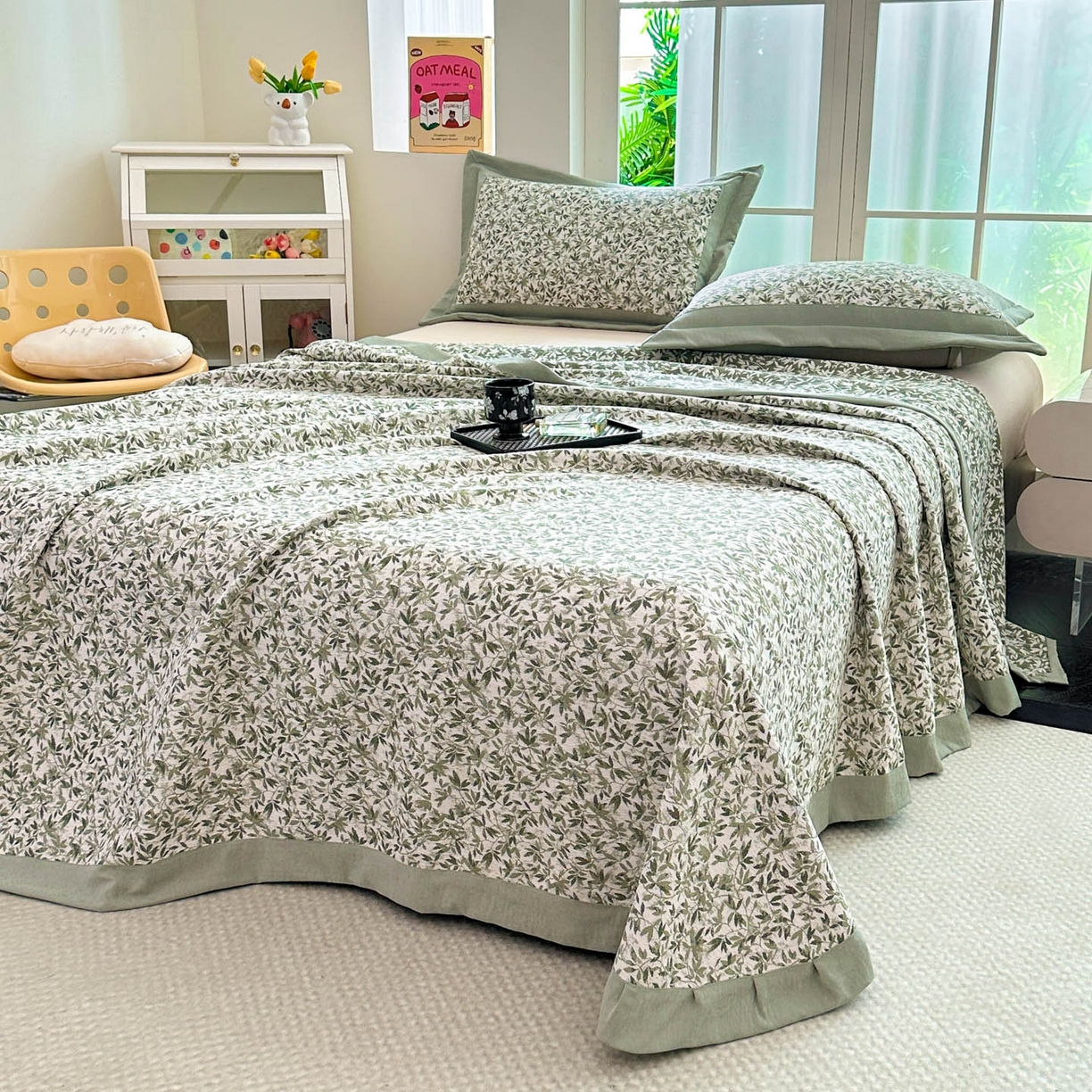 91家纺网 家纺一手货源 找家纺 紫碧螺家纺 2025新款雪尼尔欧式拼色床盖三件套 小枫叶拼豆绿