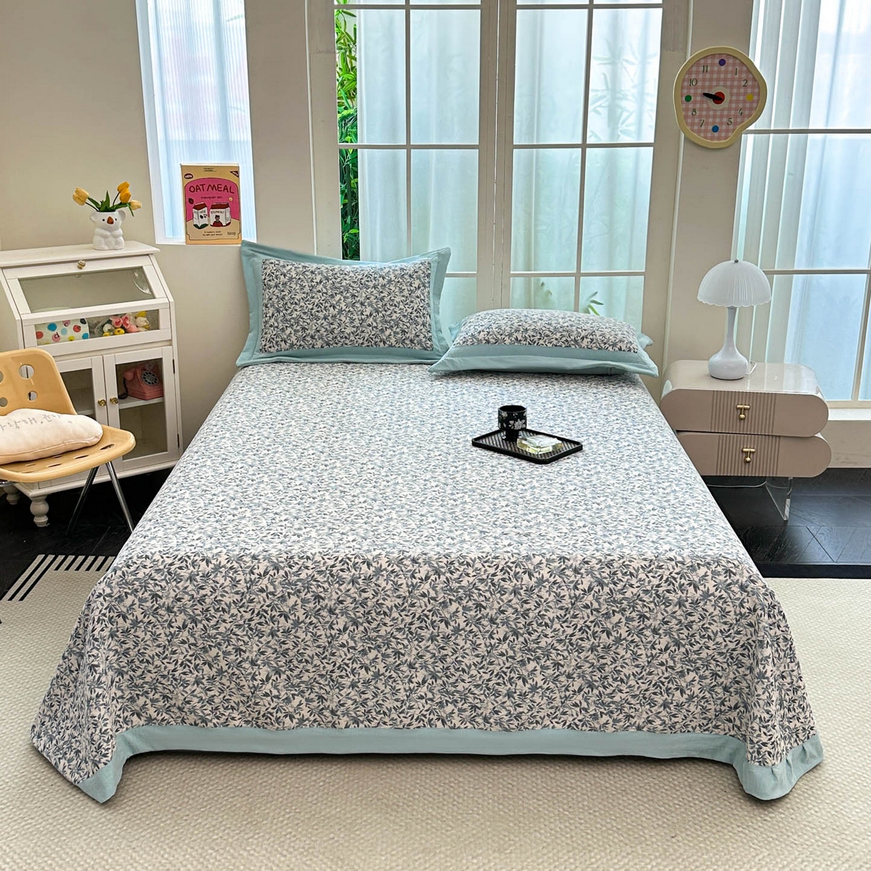 91家纺网 家纺一手货源 找家纺 紫碧螺家纺 2025新款雪尼尔欧式拼色床盖三件套 小枫叶拼湖蓝