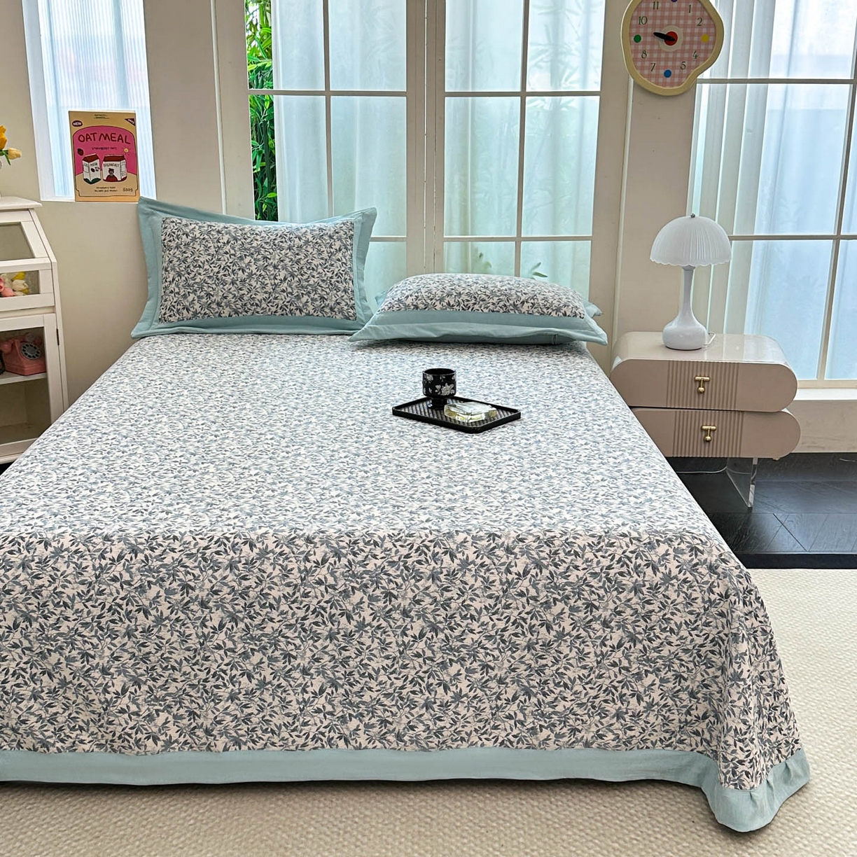 91家纺网 家纺一手货源 找家纺 紫碧螺家纺 2025新款雪尼尔欧式拼色床盖三件套 小枫叶拼湖蓝