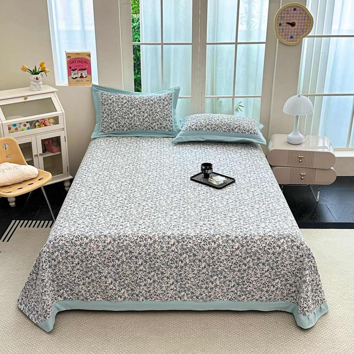 91家纺网 家纺一手货源 找家纺 紫碧螺家纺 2025新款雪尼尔欧式拼色床盖三件套 小枫叶拼湖蓝