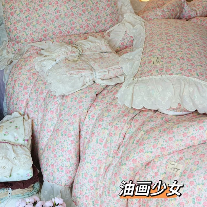 91家纺网 家纺一手货源 找家纺 紫碧螺家纺 2025新款A类全棉纯棉仙女双层纱大韩边四件套 油画少女